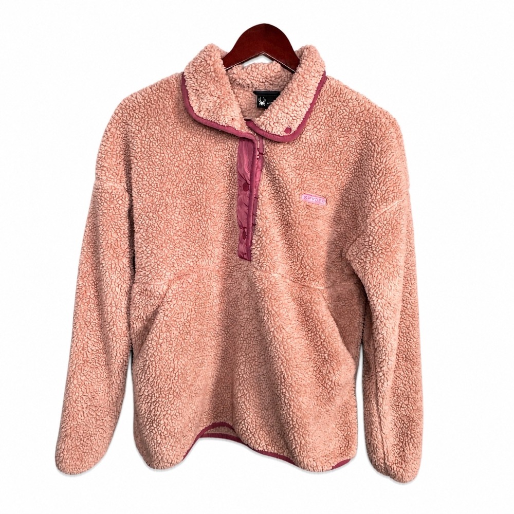 Spyder Pink Sherpa Fleece Pullover Womens Medium Snap Cozy Jacket M - Picture 2 of 7